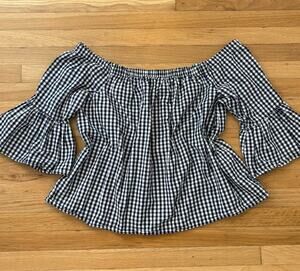 Women’s Gingham Off Shoulder Top Adjustable Navy White 3x Cottage Americana